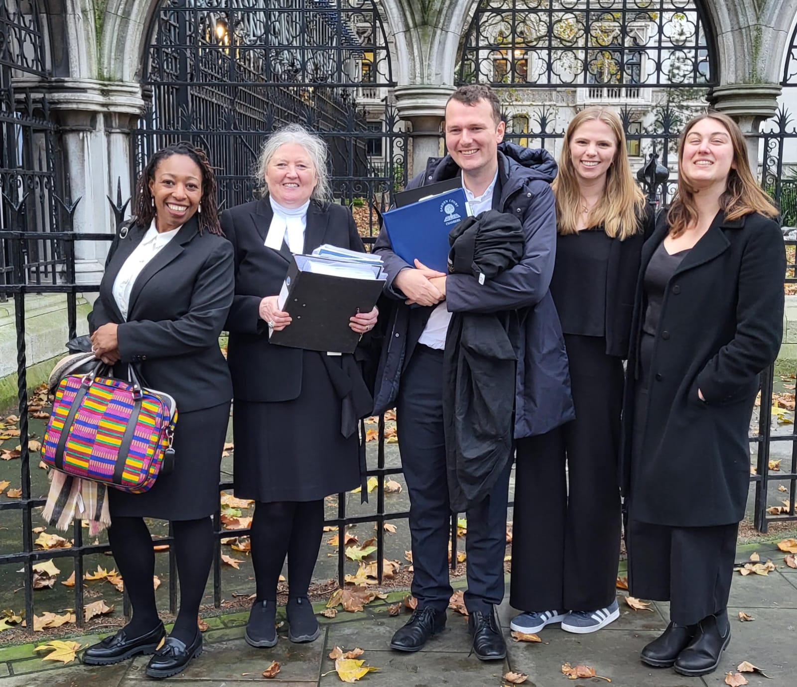 From Left to Right: Sabrina Simpson (CCLC), Stephanie Harrison KC, Ollie Persey, Abigail Hands (CCLC), Yara Ali-Adib (EHRC) outside of the Royal Courts of Justice 
